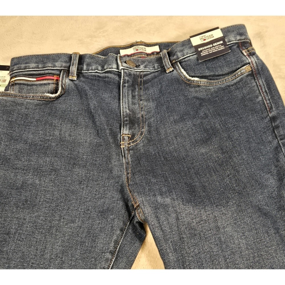 VTG Tommy Hilfiger Denim Mens 34x30 Brushed Tapered Stretch Jeans Dark Wash Blue